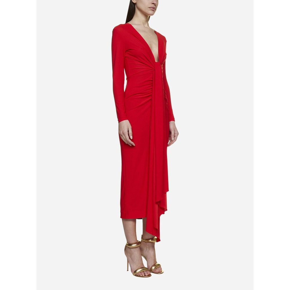 Solace London Lorena Midi Dress Women 8 Red Plunge Knot Draped Cocktail Formal - Picture 3 of 14